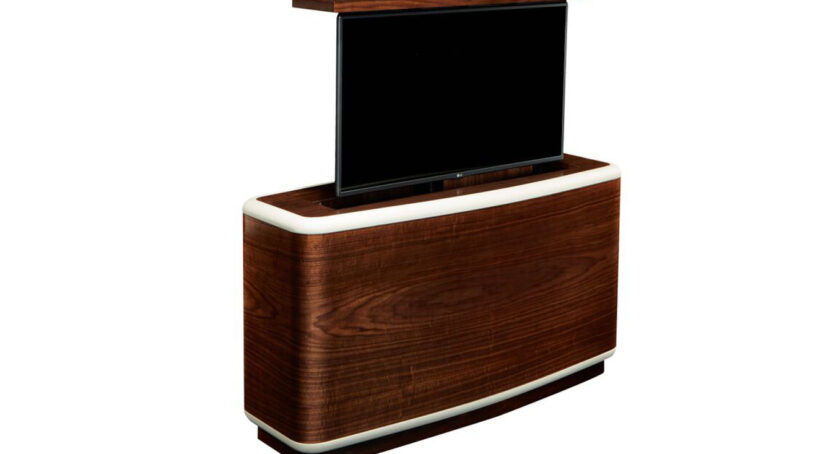 Fercarra rounded hidden TV in walnut furniture with lift by Cabinet Tronix and Trace Mccullough