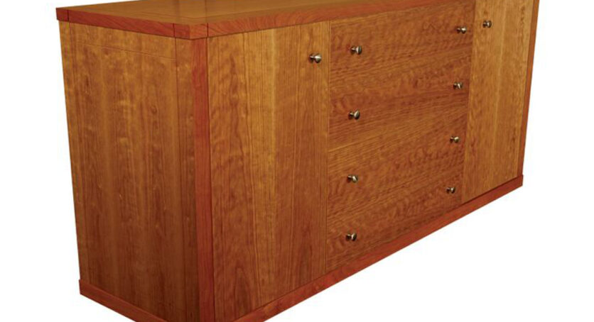 Contempo motorized TV stand buffet is made out or figured cherry and is hiding a 65 inch flat screen