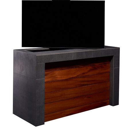 Outdoor weatherproof TV lift furniture with 360 swivel in Cumaru or Tigerwood Cabinet Tronix San Diego