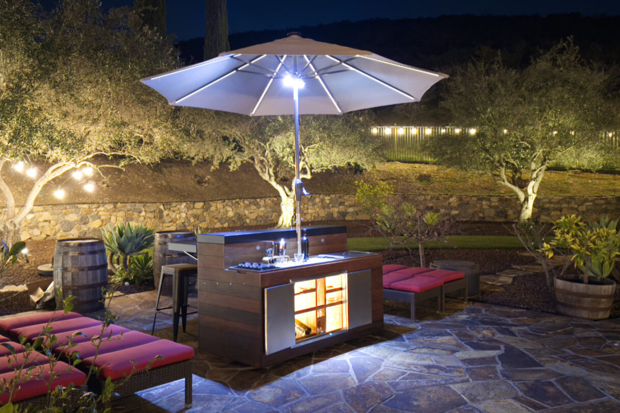 bar wiith umbrella by pool with tv lift cabinet 01