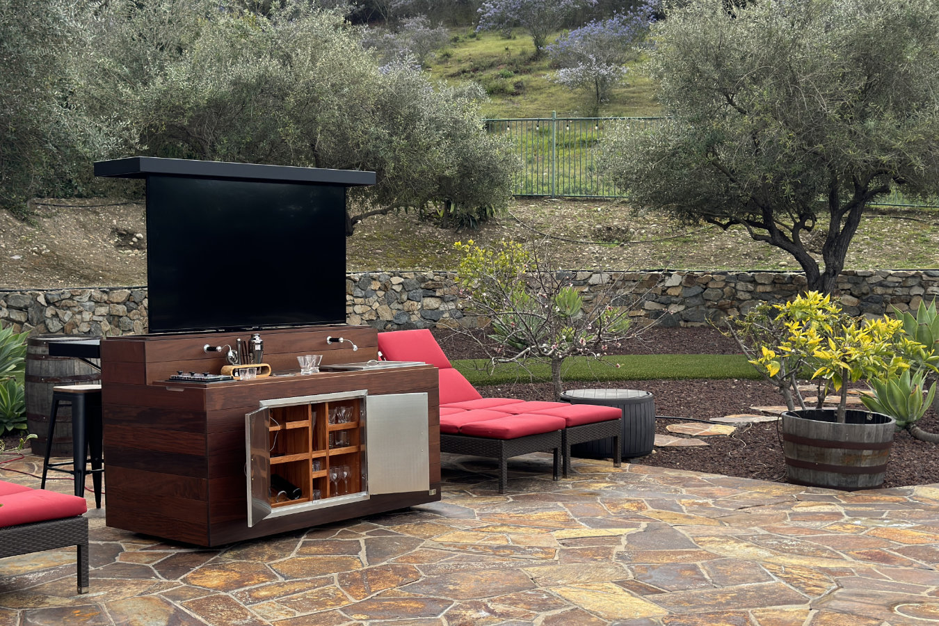 outdoor tv lift cabinet mobile bar by pool