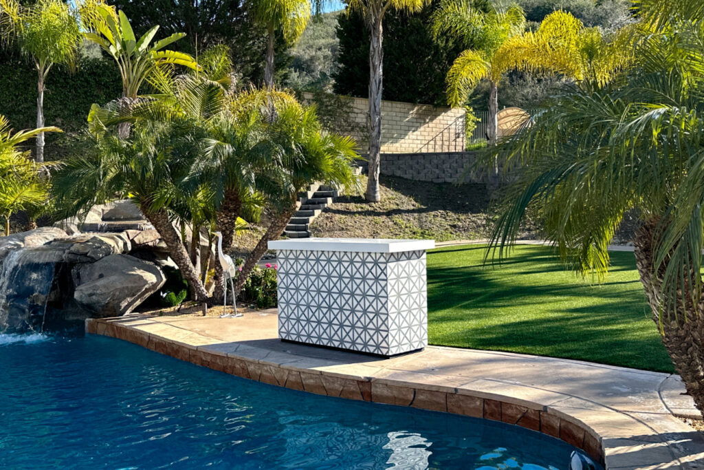 hidden backyard tv in stone tile lift cabinet