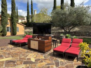 outdoor weatherproof mobile motorized tv lift cabinet and full bar and seating