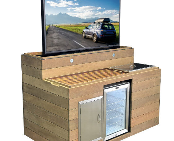 outoor pop up hideen tv lift cabinet bar with fridge by cabinet