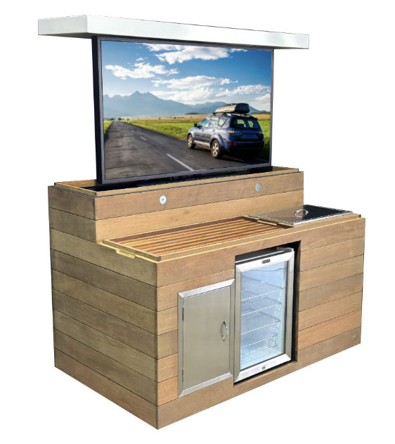 outoor pop up hideen tv lift cabinet bar with fridge by cabinet