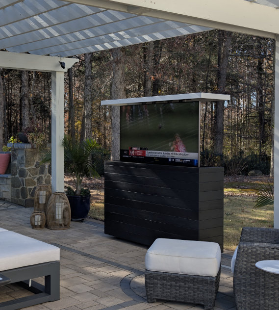 hidden tv inside weather ready lift furniture cabinet outside featured