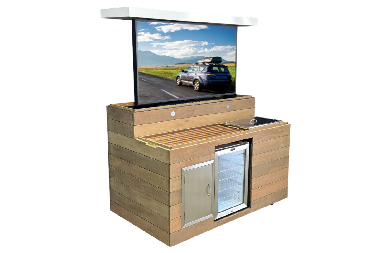 outoor pop up hideen tv lift cabinet bar with fridge by cabinet