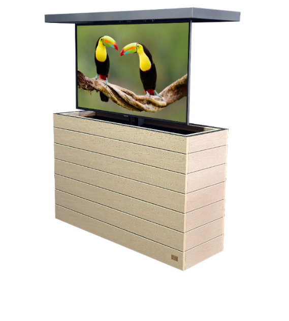 light colored outdoor hidden tv lift cabinet