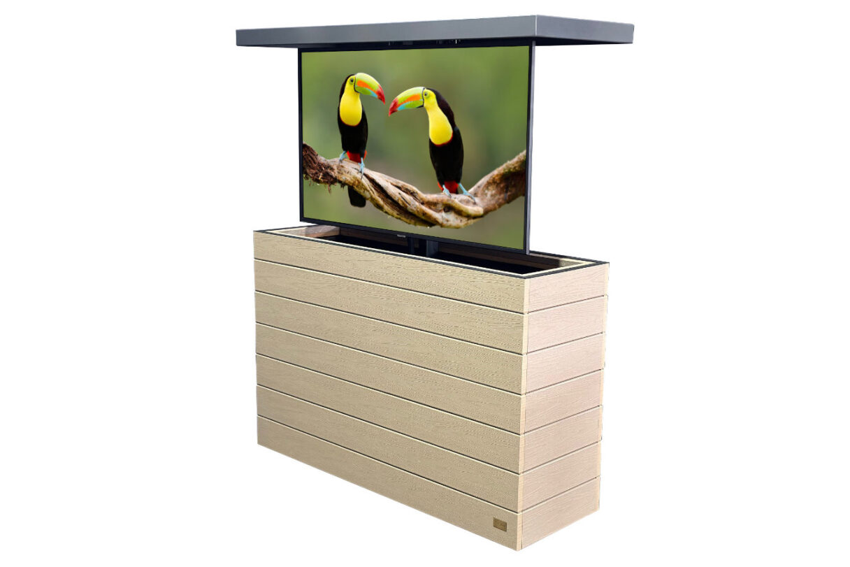 light colored outdoor hidden tv lift cabinet