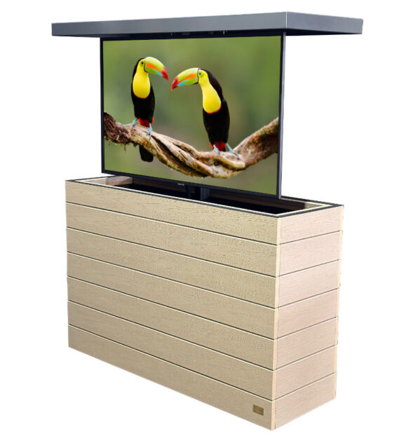 light colored outdoor hidden tv lift cabinet