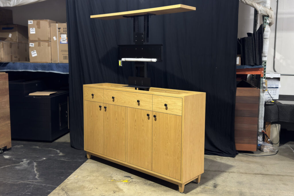 mid century white oak tv lift cabinet 01