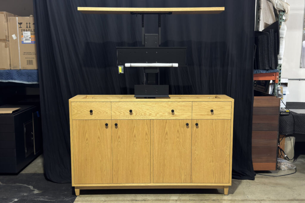 mid century white oak tv lift cabinet 02